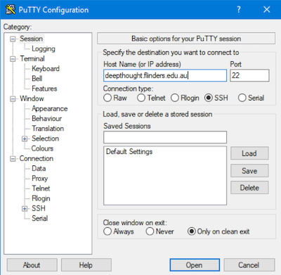 PuTTY Connection Detail Screen